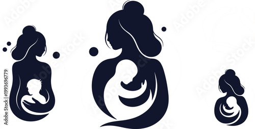 Mother and Baby Silhouette Set with Elegant Nursing and Holding Pose for Maternity, Love, Family, and Motherhood Illustration DesignsMother and Baby Silhouette Set with Elegant Nursing and 