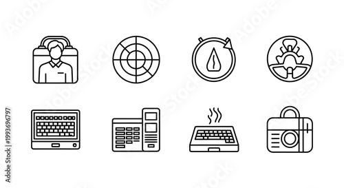 Collection of business and technology icons with collection business technology computer keyboard briefcase stopwatch clipboard document checklist illustration background isolated