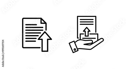 Content submit and submit content icons with document and hand document information submission application uploading collaboration communication workflow technology business strategy