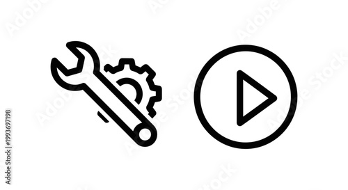 Troubleshooting and start play icons with troubleshooting settings solution workflow operation initiate playbutton streaming entertainment interface experience business technology