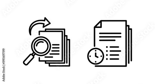 Audit trail and activity log icons with activity magnifying document information analysis tracking monitoring investigation research compliance security accountability transparency