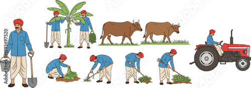 Farmer working process set with planting seedlings, plowing field with tractor, harvesting crops and caring livestock in flat vector illustration