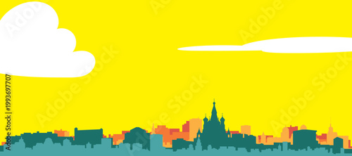 A colourful vector cityscape with sunset tones representing retro minimalist tourist poster skyline of MOSCOW, RUSSIA