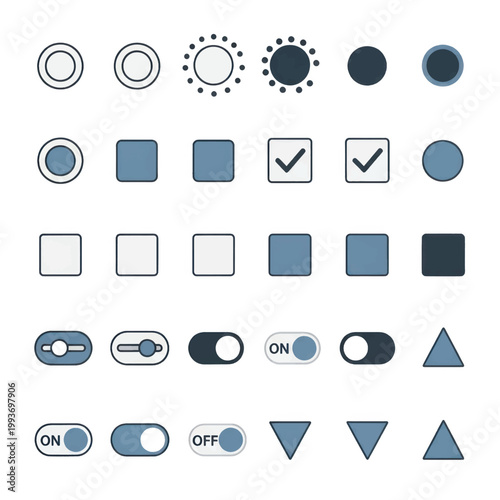 Collection of UI icons and controls including switches and toggles for design mockups.