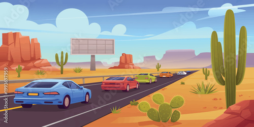 Desert landscape road with car under the sky and sun