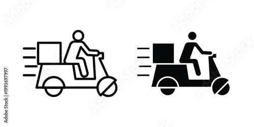 Delivery man riding motorcycle icon. Line and glyph solid vector collection.