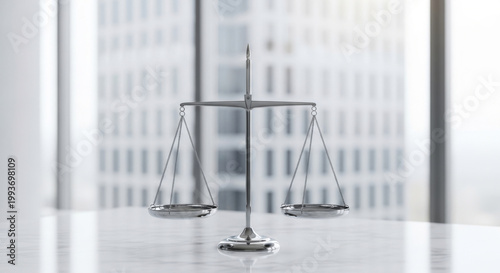 Close-up of a chrome balance scale representing justice in a modern office environment.