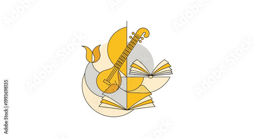 Stylized vector art depicts Saraswati Puja for Vasant Panchami, with a veena and open books in gold and gray tones, set against a clean white background, symbolizing music, art
