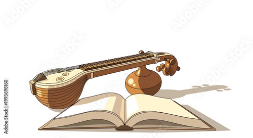A traditional Indian stringed instrument, a veena, rests near an open book, styled as a flat lay with a clean white background, representing Saraswati Puja and the Vasant Panchami festival