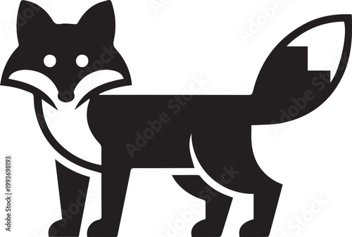 A black and white illustration of a cartoon fox with a bushy tail