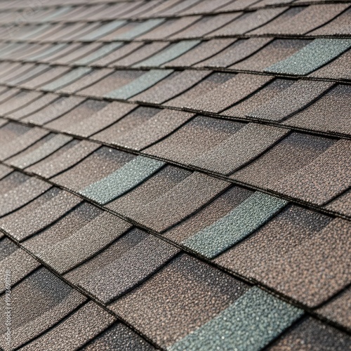 Detailed view of overlapping architectural asphalt shingles forming a durable protective barrier on a sloped residential building roof, building, exterior, insulation