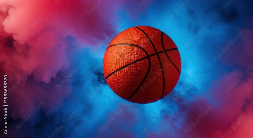 Obraz premium Vibrant orange basketball suspended in the air surrounded by thick swirling clouds of colorful pink, blue, and purple smoke, pink, conceptual, artistic