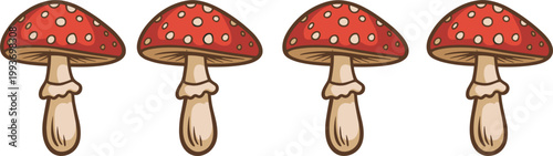 Red spotted mushrooms with white dots, forest fungus icons for nature themed decoration and organic elements