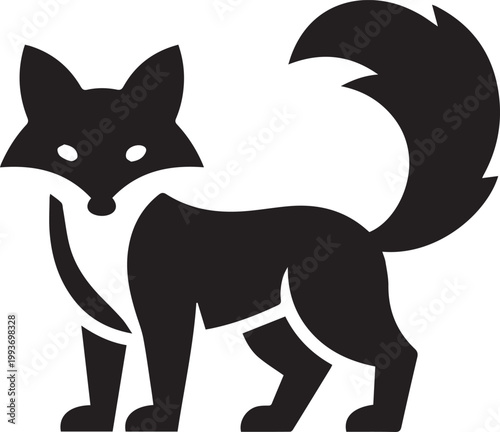 A black and white illustration of a fox with a bushy tail and pointed ears
