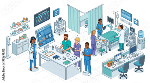 International Labor Day vector illustration of a busy hospital interior with medical staff