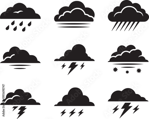 A collection of weather icons featuring various cloud types and precipitation symbols