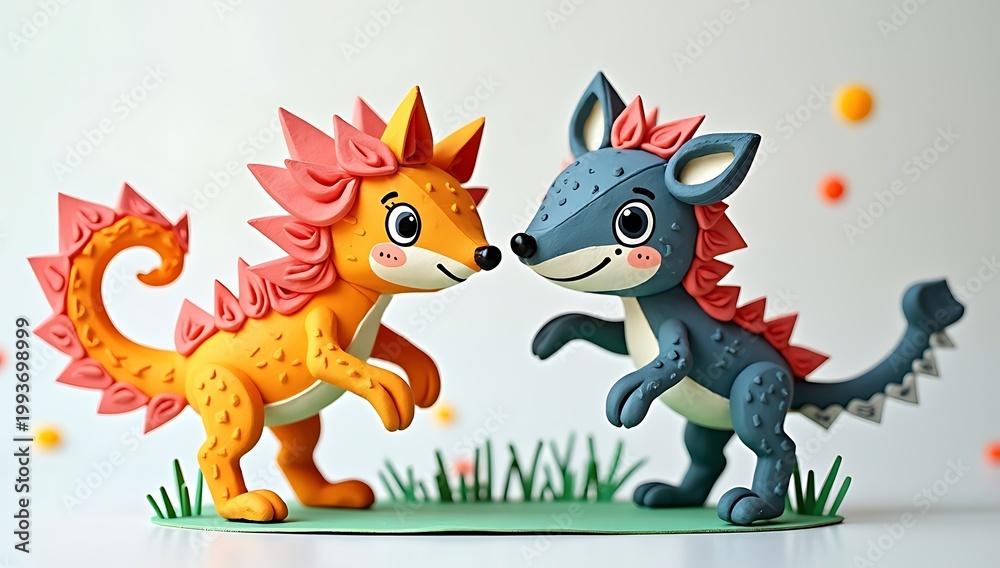 Naklejka premium Two Adorable Cartoon Dragons Smiling and Interacting Playfully.