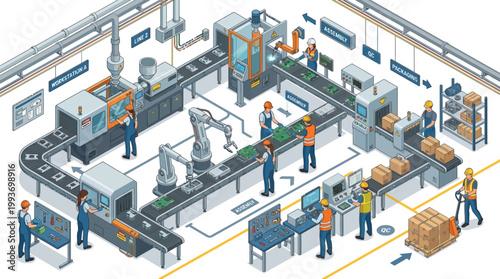 International labor day vector illustration of a factory production line with workers