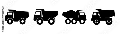 line of four dump trucks in flat design vector illustration
