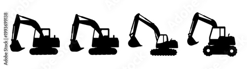 five construction excavators in row flat design vector illustration