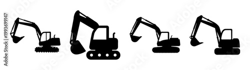 five construction excavators in row flat design vector illustration