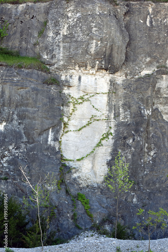 Light and dark colored rock in a cliff side.