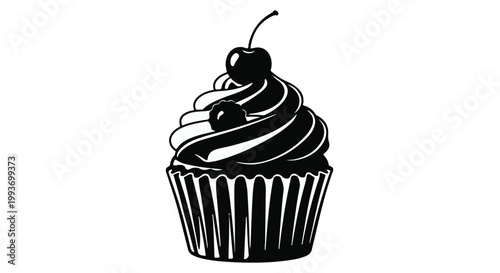 Cupcake silhouette icon with cherry on top isolated on white background
