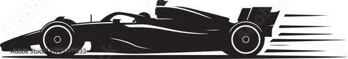 A Formula 1 car speeding down the track with motion lines, in a minimalistic silhouette style on a white background. Silhouette icon drawing vector