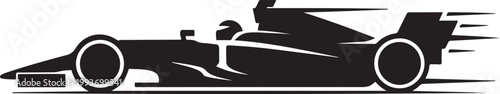 A Formula 1 car speeding down the track with motion lines, in a minimalistic silhouette style on a white background. Silhouette icon drawing vector