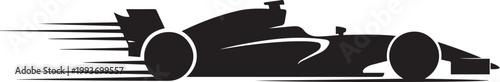 A Formula 1 car speeding down the track with motion lines, in a minimalistic silhouette style on a white background. Silhouette icon drawing vector