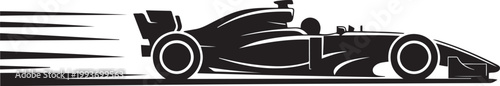 A Formula 1 car speeding down the track with motion lines, in a minimalistic silhouette style on a white background. Silhouette icon drawing vector