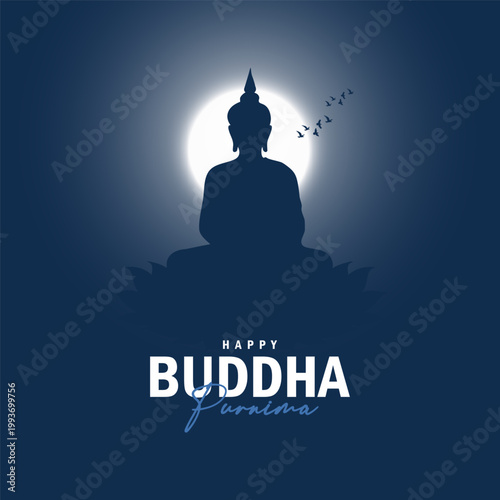Happy Buddha Purnima greeting with Buddha silhouette and full moon Vesak Day social media post template with meditating Buddha silhouette and night sky
