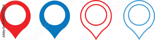 Four colored map pin icons in red and blue filled and outlined on white background for navigation and location purposes