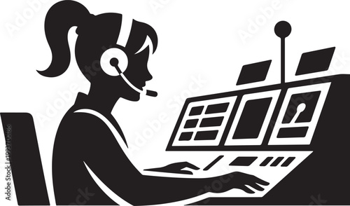 Female Air Traffic Controller at Control Tower. Silhouette icon drawing vector