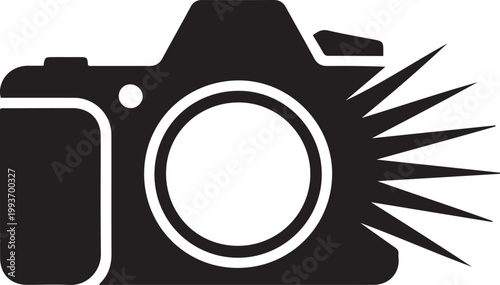 DSLR Camera with Flash Burst. Silhouette icon drawing vector