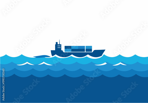 Vector illustration of a cargo ship carrying shipping containers on a wavy blue sea, representing global trade and logistics