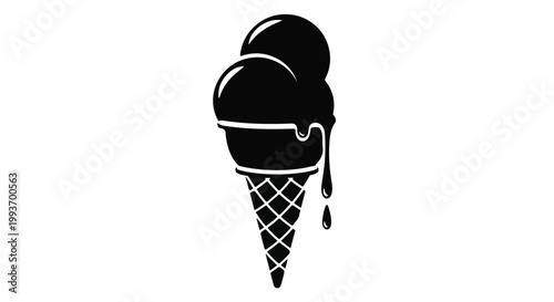 Black silhouette double scoop ice cream cone on white background, dessert symbol, food icon, sweet treat, summer concept