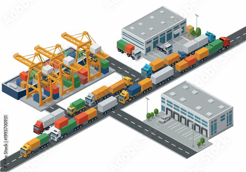 Isometric vector illustration depicting a busy logistics and shipping port with trucks and cranes for trade-32