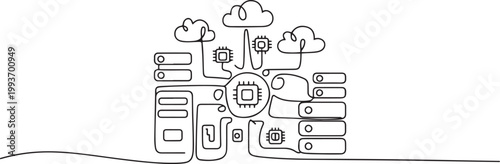 Data processing gear network icon continuous. one line Icon drawing