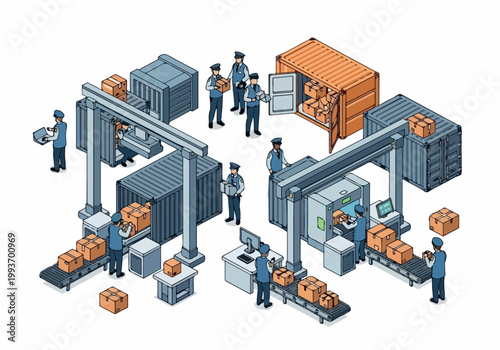 Isometric vector illustration of a logistics and shipping operation with security screening of cargo containers and packages