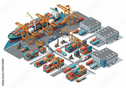 Isometric vector illustration of a busy shipping port with cargo cranes, container ships, trucks, and warehouses for global trade logistics