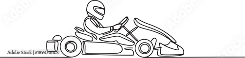Continuous one line drawing of Karting driver on race . Go-Kart Racers Drive single line art illustration. Editable vector. one line Icon drawing