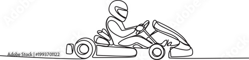 Continuous one line drawing of Karting driver on race . Go-Kart Racers Drive single line art illustration. Editable vector. one line Icon drawing