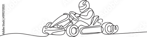 Continuous one line drawing of Karting driver on race . Go-Kart Racers Drive single line art illustration. Editable vector. one line Icon drawing