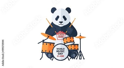 Panda playing drums, world music day concept flat illustration, 21 june music festival banner