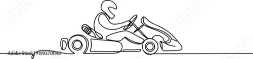 Continuous one line drawing of Karting driver on race . Go-Kart Racers Drive single line art illustration. Editable vector. one line Icon drawing