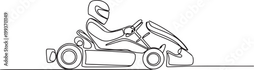 Continuous one line drawing of Karting driver on race . Go-Kart Racers Drive single line art illustration. Editable vector. one line Icon drawing