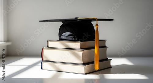 A graduation cap rests atop a stack of thick, hardcover books with a bright tassel, symbolizing academic achievement and knowledge.
