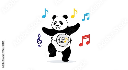 Happy dancing panda surrounded by colorful musical symbols celebrating world music day with joyful movements