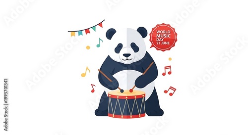 Panda playing drums with drumsticks celebrating world music day on June twenty first festive